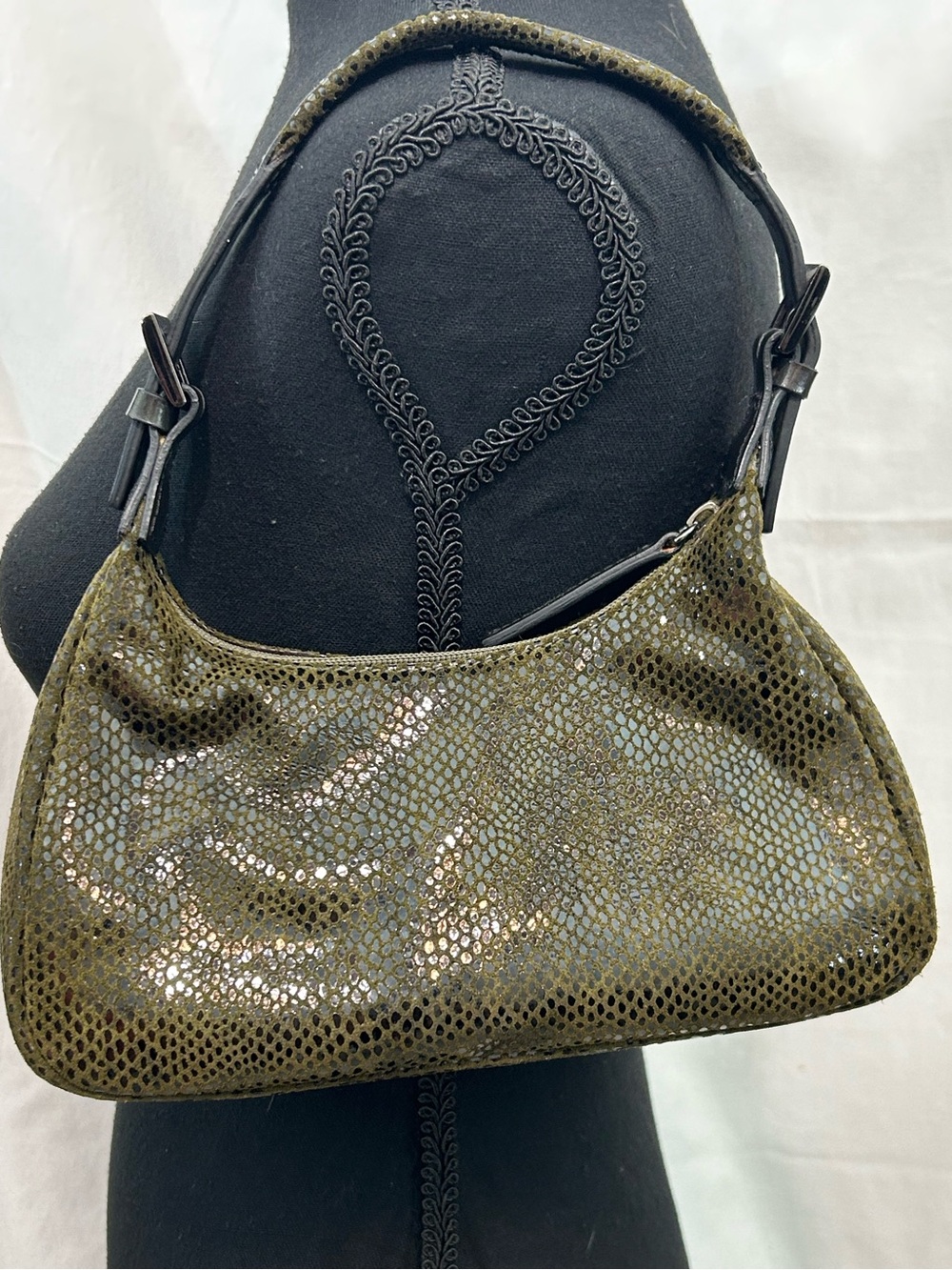 Sabina New York Y2K Metallic Olive Leather Baguette Shoulder Bag